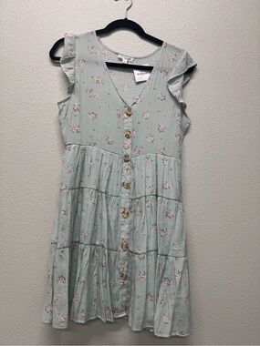 NWT Blu Pepper Mint Green Floral Button-Front Mini Dress,Multiple Sizes